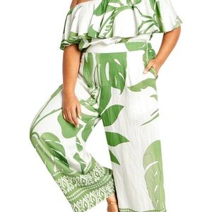 Tropical Green Leaf Print Wide-Leg Jump Suit